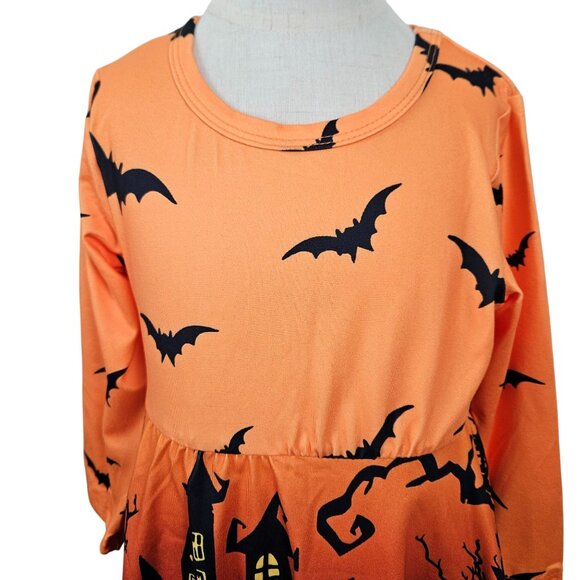 Girls Halloween Outfit Set 3T Bat Print Dress & Orange Leggings Festive - Picture 4 of 11